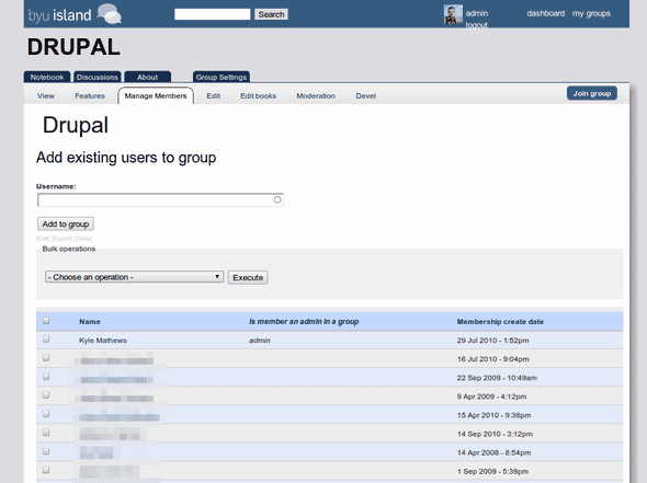 Screenshot of Eduglu group memberes admin tool